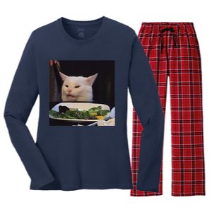 Dinner Table Cat Meme Funny Internet Yelling Confused Gift Women's Long Sleeve Flannel Pajama Set 