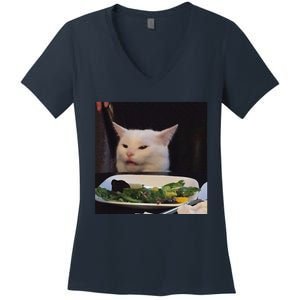 Dinner Table Cat Meme Funny Internet Yelling Confused Gift Women's V-Neck T-Shirt