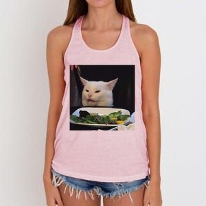 Dinner Table Cat Meme Funny Internet Yelling Confused Gift Women's Knotted Racerback Tank