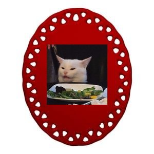 Dinner Table Cat Meme Funny Internet Yelling Confused Gift Ceramic Oval Ornament