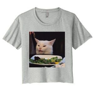 Dinner Table Cat Meme Funny Internet Yelling Confused Gift Women's Crop Top Tee