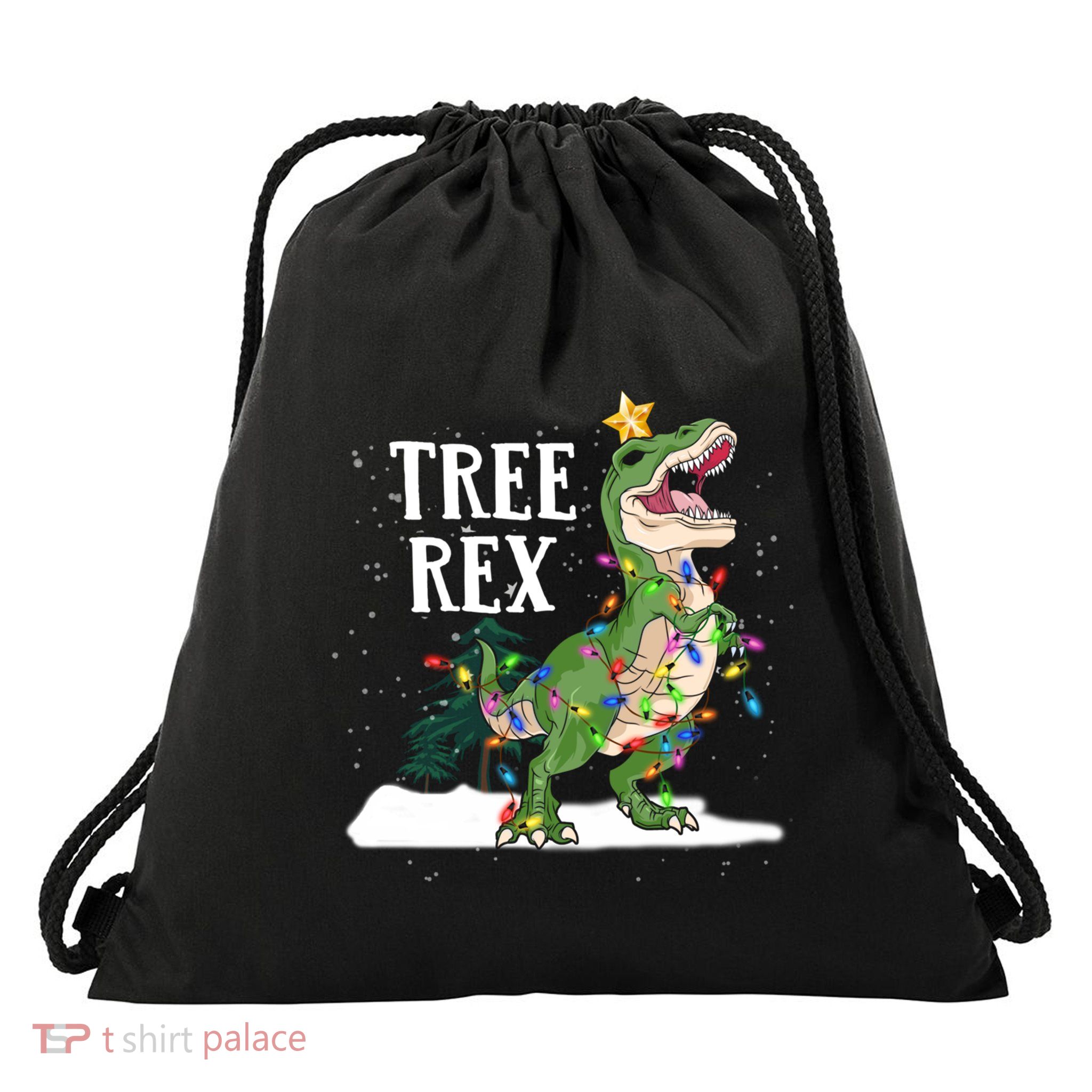 Dinosaur Trex Christmas Lights Funny Tree Rex Funny Gift Drawstring Bag