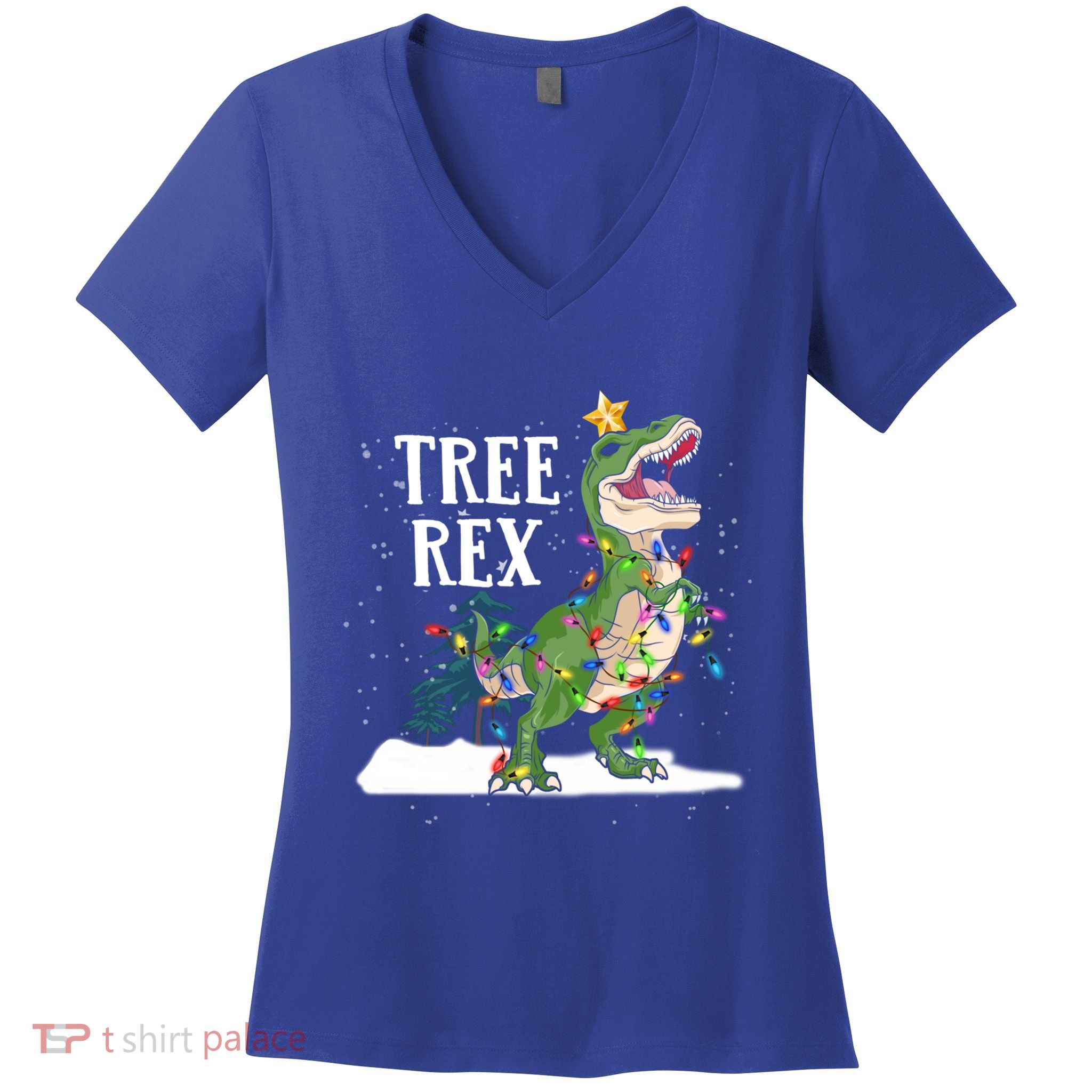 Dinosaur Trex Christmas Lights Funny Tree Rex Funny Gift Women's V-Neck T-Shirt