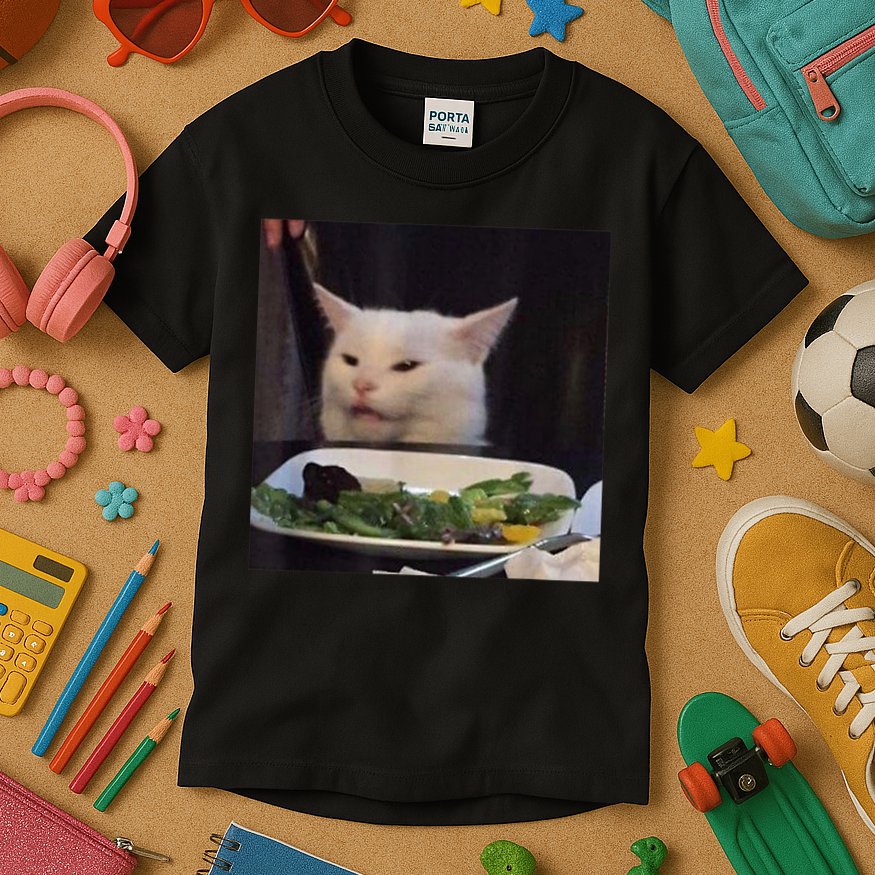 Dinner Table Cat Meme Funny Internet Yelling Confused Gift TShirt Kids T-Shirt