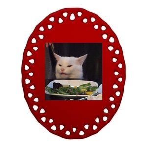 Dinner Table Cat Meme Funny Internet Yelling Confused Gift TShirt Ceramic Oval Ornament