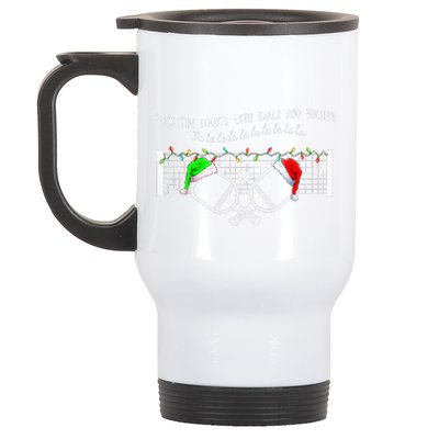 Deck The Courts With Balls And Volleys Christmas Pickleball  Stainless Steel Travel Mug