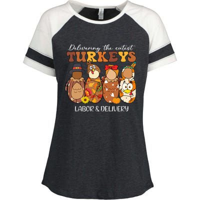 Delivering The Cutest Turkeys Labor & Delivery Thanksgiving Enza Ladies Jersey Colorblock Tee