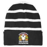 Delivering The Cutest Pumpkins Labor And Delivery Halloween Striped Beanie with Solid Band