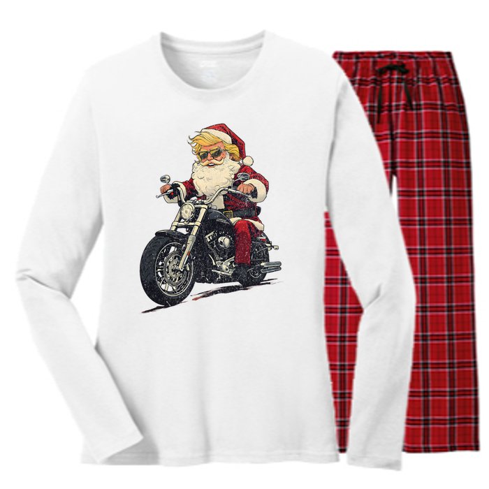 Donald Trump Christmas Biker Motorbike Funny Santa Women's Long Sleeve Flannel Pajama Set 