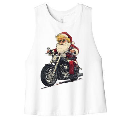 Donald Trump Christmas Biker Motorbike Funny Santa Women's Racerback Cropped Tank