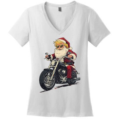 Donald Trump Christmas Biker Motorbike Funny Santa Women's V-Neck T-Shirt