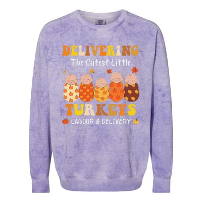 Delivering The Cutest Turkeys Labor & Delivery Thanksgiving Colorblast Crewneck Sweatshirt