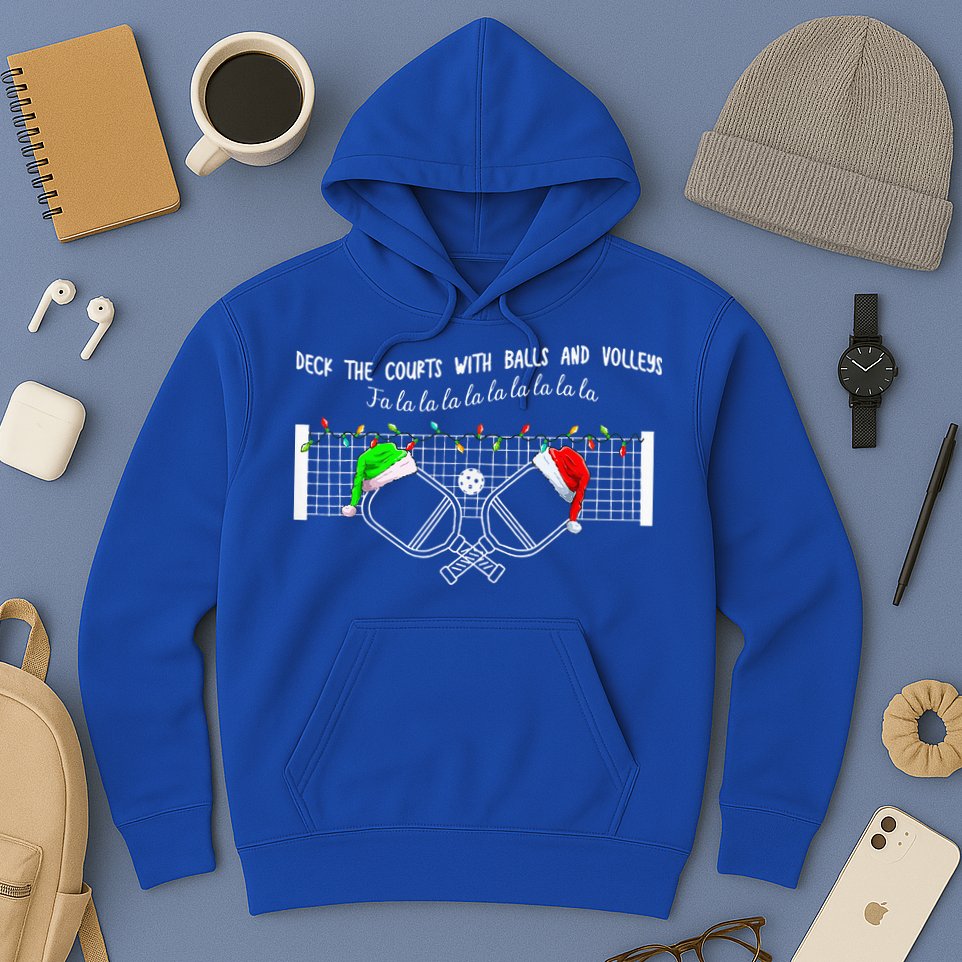Deck The Courts With Balls And Volleys Christmas Pickleball  Hoodie