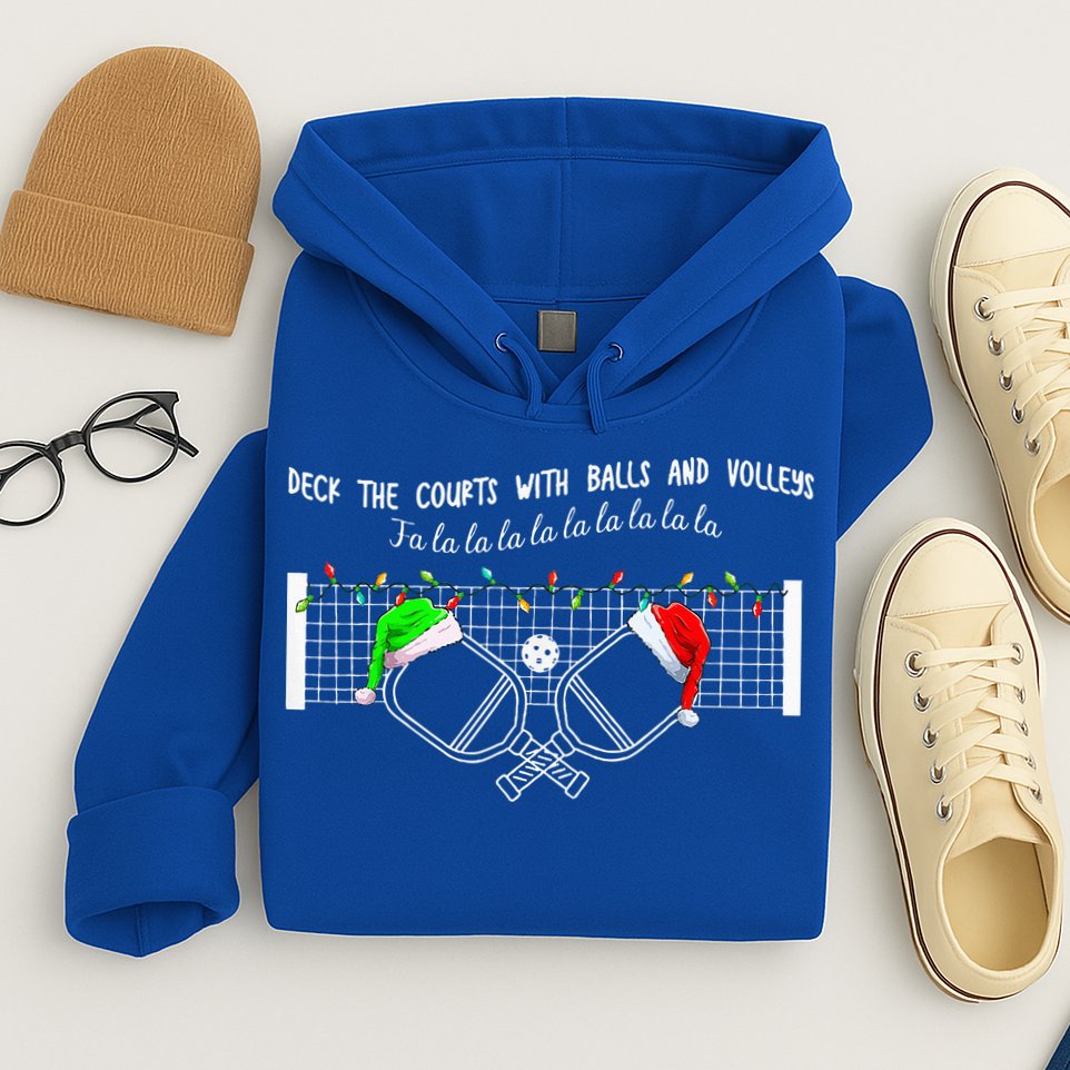 Deck The Courts With Balls And Volleys Christmas Pickleball  Hoodie