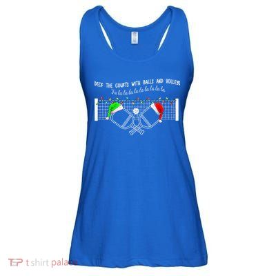 Deck The Courts With Balls And Volleys Christmas Pickleball  Ladies Essential Flowy Tank