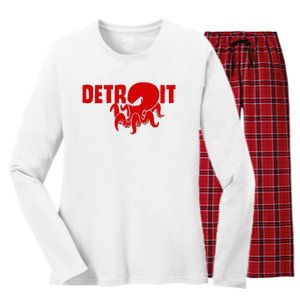 Down Town Detroit City Michigan Octopus Kraken Hockey Women's Long Sleeve Flannel Pajama Set 