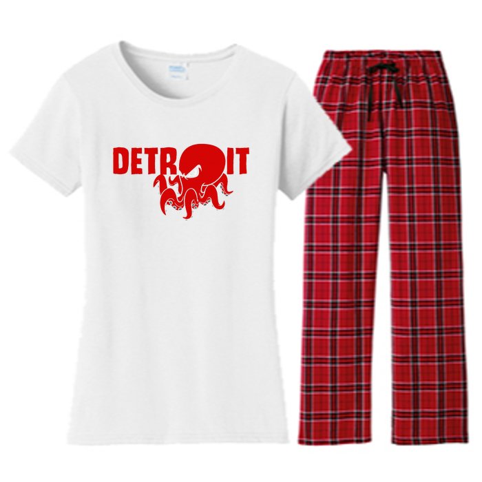 Down Town Detroit City Michigan Octopus Kraken Hockey Women's Flannel Pajama Set