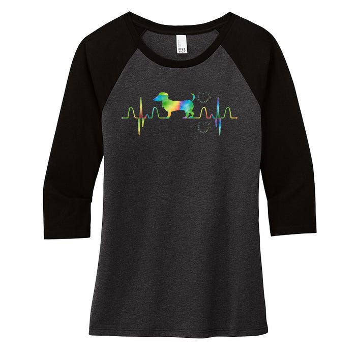 Dog Tie Dye Heartbeat Funny Dog Dachshund Women's Tri-Blend 3/4-Sleeve Raglan Shirt