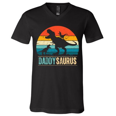 Daddysaurus T-Rex Dad Dinosaur Daddy Saurus Fathers Day V-Neck T-Shirt