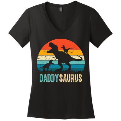 Daddysaurus T-Rex Dad Dinosaur Daddy Saurus Fathers Day Women's V-Neck T-Shirt