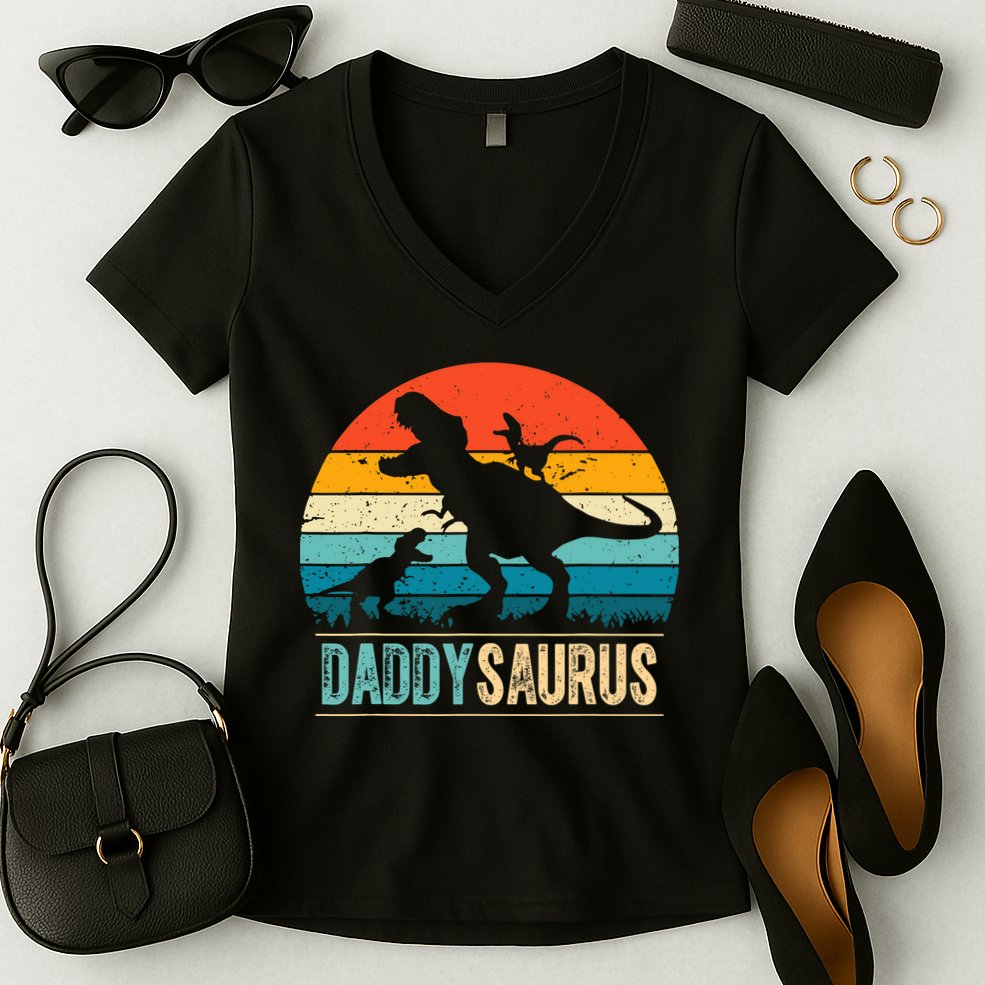 Daddysaurus T-Rex Dad Dinosaur Daddy Saurus Fathers Day Women's V-Neck T-Shirt