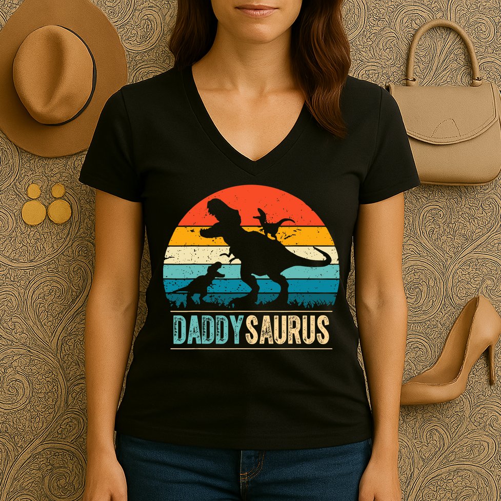 Daddysaurus T-Rex Dad Dinosaur Daddy Saurus Fathers Day Women's V-Neck T-Shirt