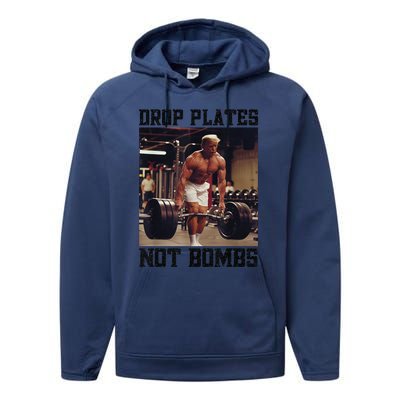 Donald Trump Drop Plates Not Bombs Swole Muscular Trump Gym Performance Fleece Hoodie