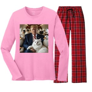 Donald Trump Duck Cat Vote 2024 Women's Long Sleeve Flannel Pajama Set 