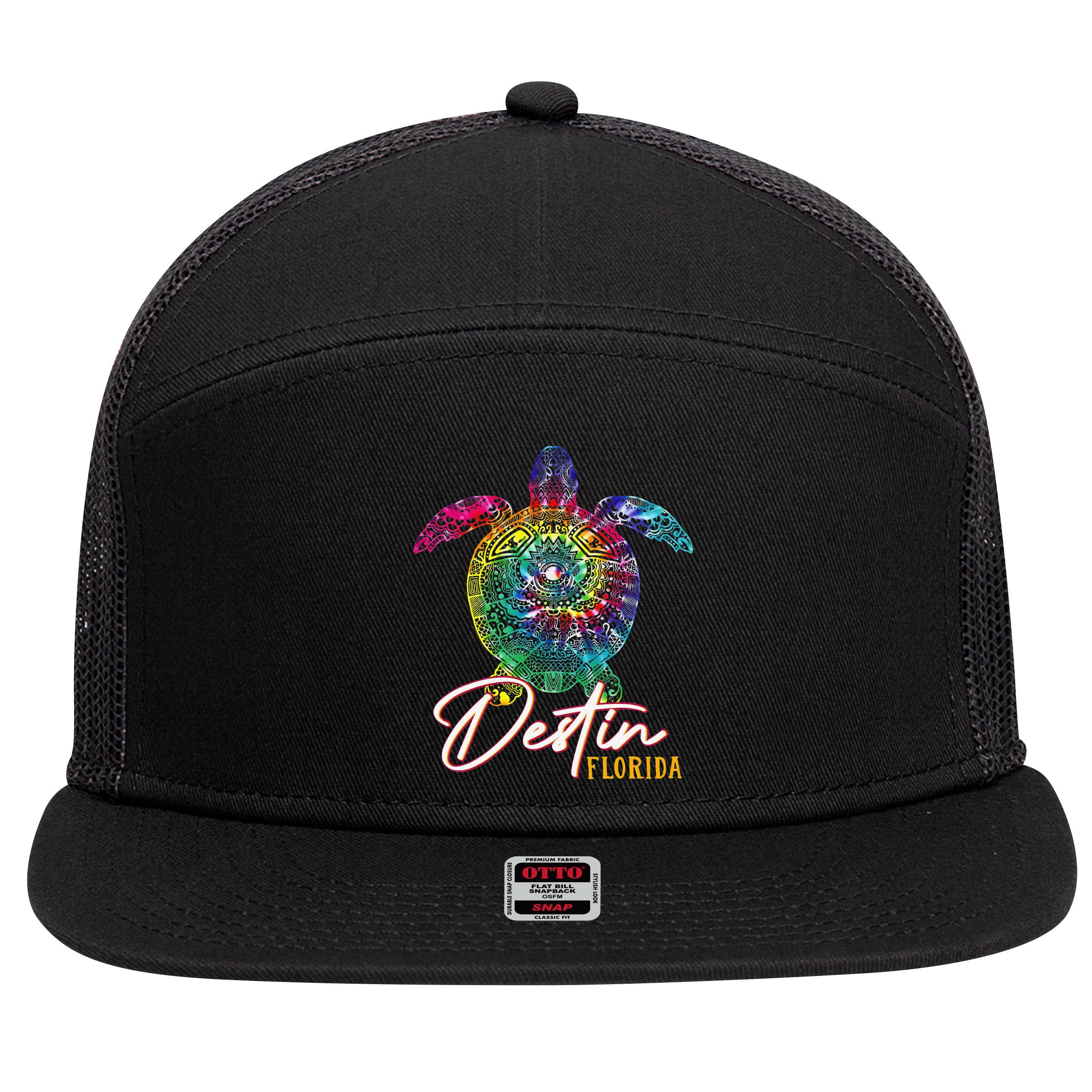 Destin Tie Dye Sea Turtle Florida Matching Family Vacation 7 Panel Mesh Trucker Snapback Hat