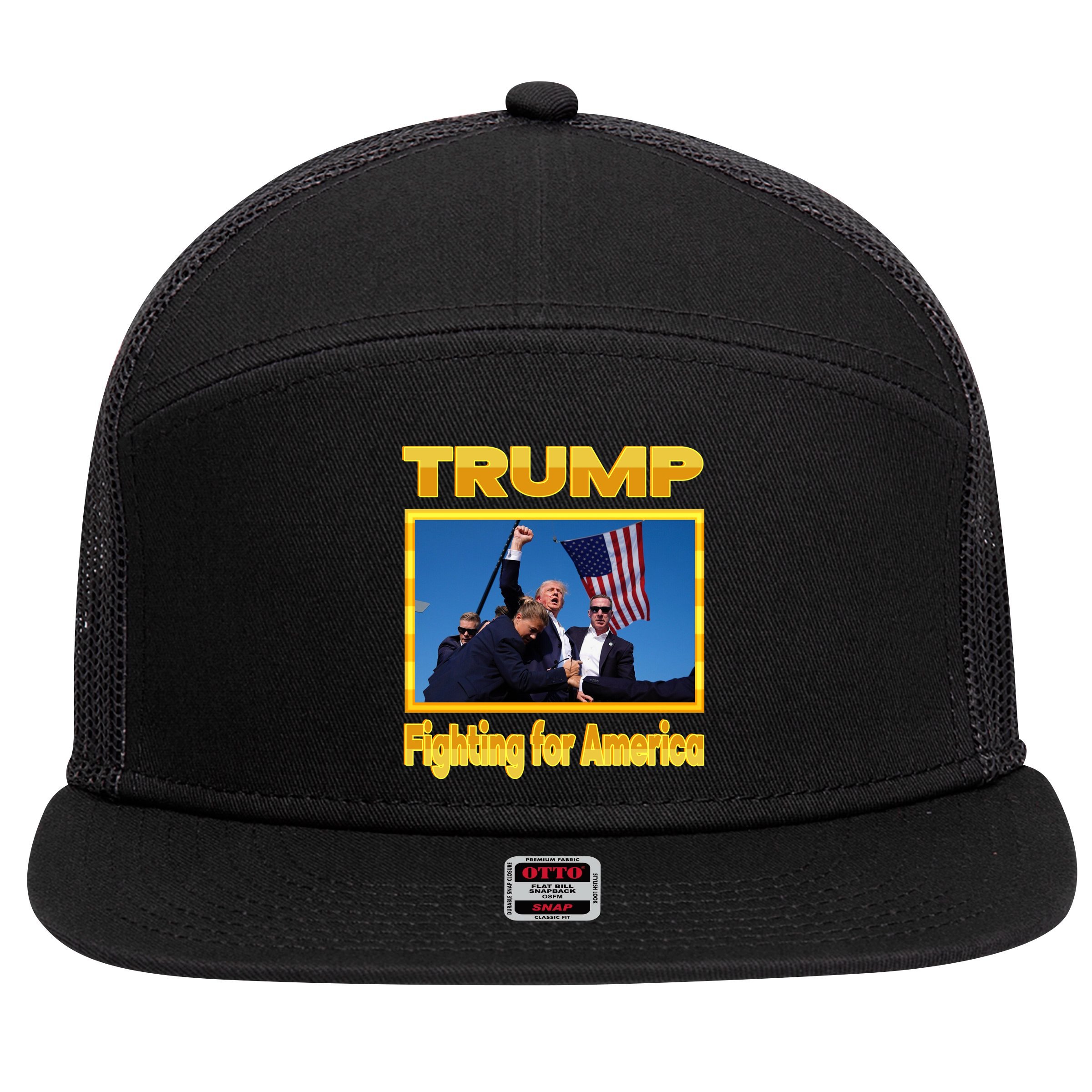 Donald Trump Fighting For America 7 Panel Mesh Trucker Snapback Hat
