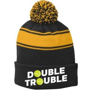 Double Trouble Funny Tennis With Tennis Balls Stripe Pom Pom Beanie