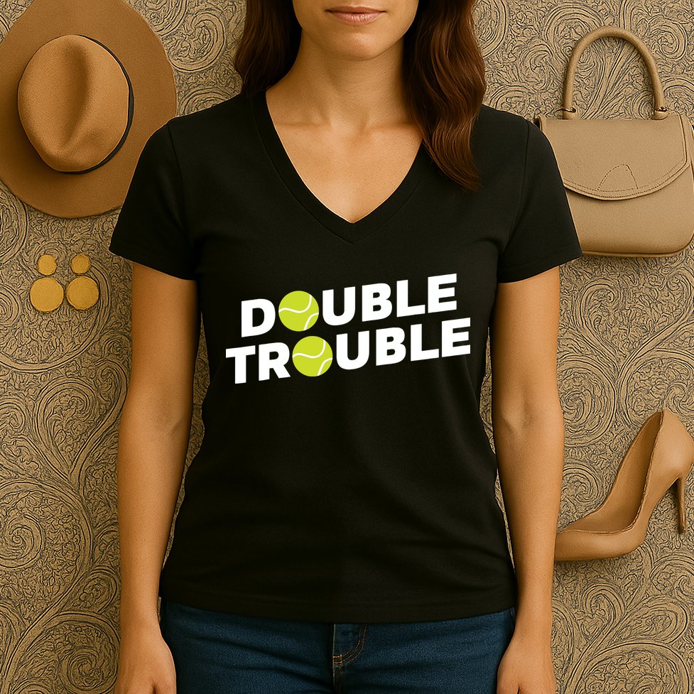 Double Trouble Funny Tennis With Tennis Balls Women's V-Neck T-Shirt