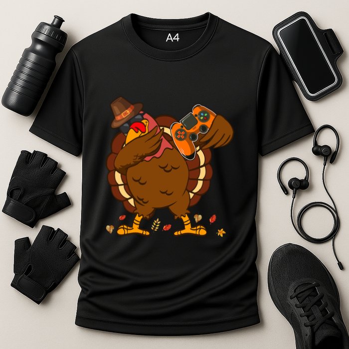 Dabbing Turkey Funny Thanksgiving Playing Video Game Performance Shirt
