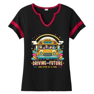 Driving The Future One Stop At A Time School Bus Driver Gift Ladies Halftime Notch Neck Tee