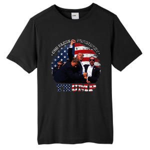 Donald Trump Fight Fist Shot 2024 God Bless President Trump Tall Fusion ChromaSoft Performance T-Shirt