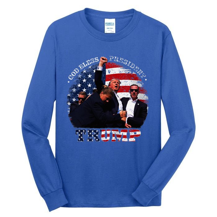 Donald Trump Fight Fist Shot 2024 God Bless President Trump Tall Long Sleeve T-Shirt