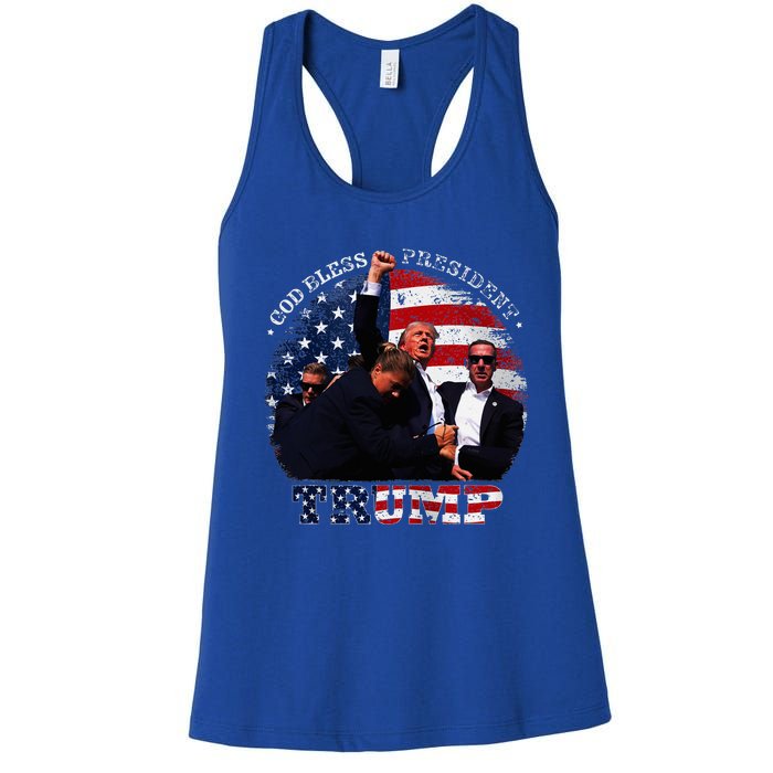 Donald Trump Fight Fist Shot 2024 God Bless President Trump Women's Racerback Tank