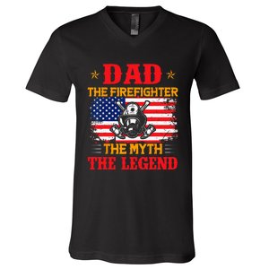 Dad The Firefighter The Myth The Legend American Flag USA V-Neck T-Shirt