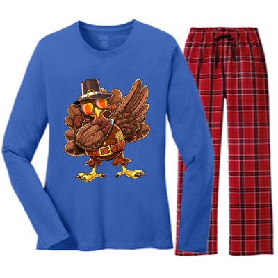 Dabbing Turkey Funny Thanksgiving Pilgrim Costume Gift Gift Women's Long Sleeve Flannel Pajama Set 