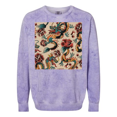 Dragon Tattoo Floral Pattern Colorblast Crewneck Sweatshirt