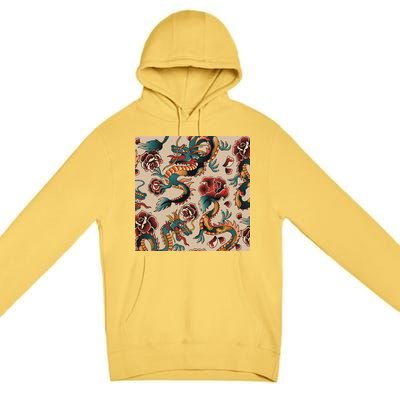 Dragon Tattoo Floral Pattern Premium Pullover Hoodie