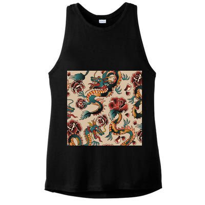 Dragon Tattoo Floral Pattern Ladies PosiCharge Tri-Blend Wicking Tank