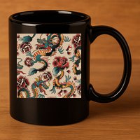 Dragon Tattoo Floral Pattern 11oz C Handle Ceramic Mug