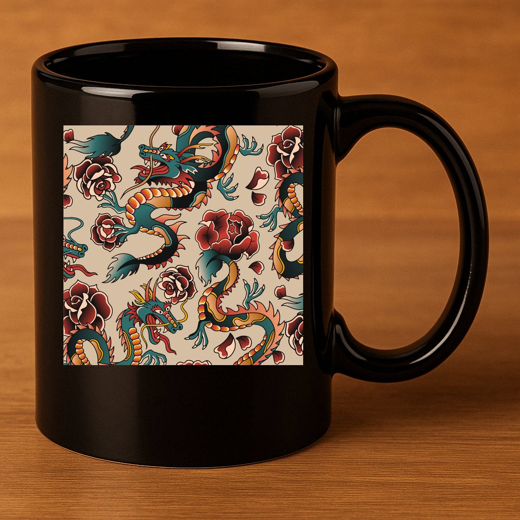 Dragon Tattoo Floral Pattern 11oz C Handle Ceramic Mug