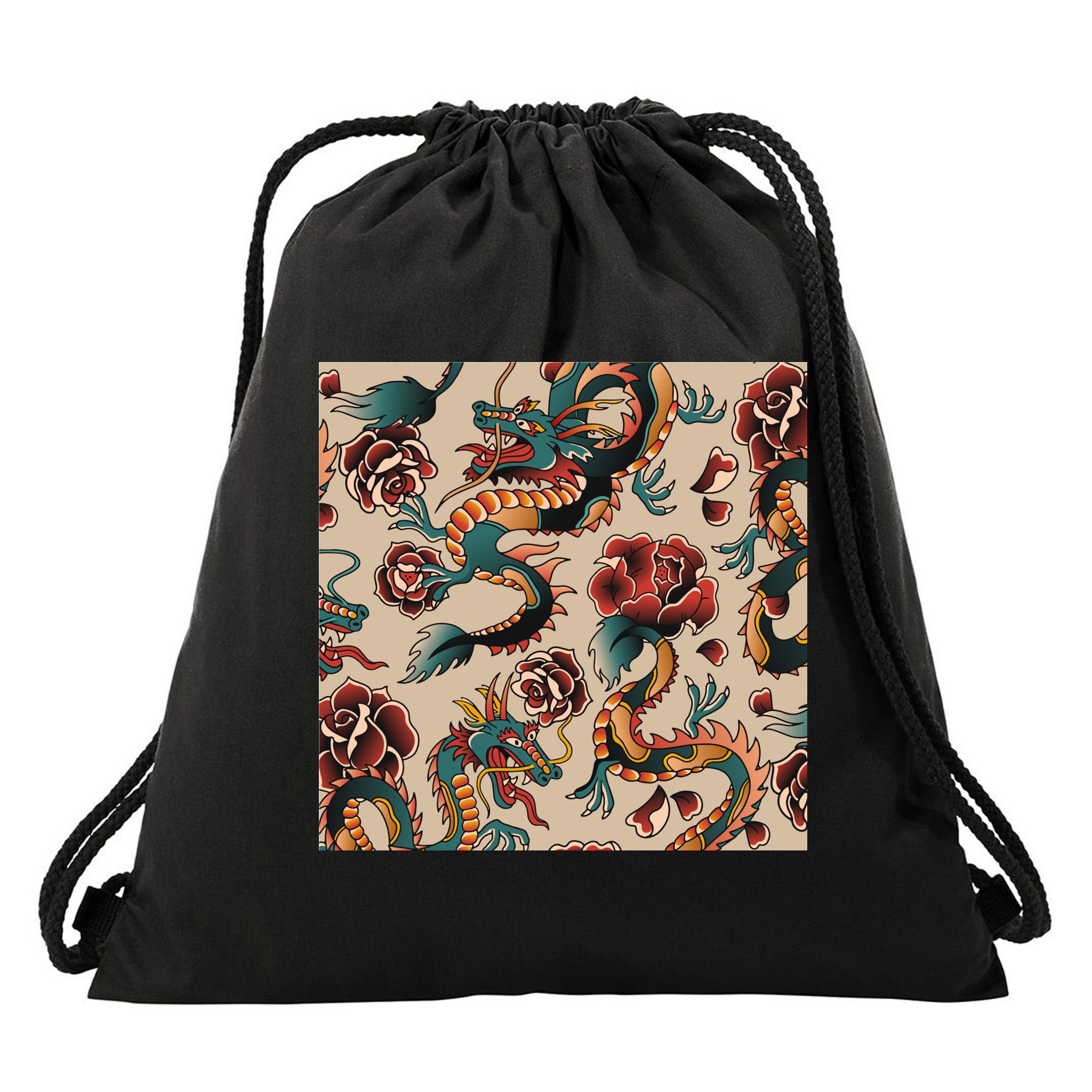 Dragon Tattoo Floral Pattern Drawstring Bag