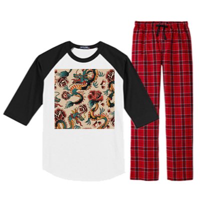 Dragon Tattoo Floral Pattern Raglan Sleeve Pajama Set