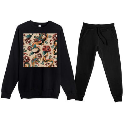 Dragon Tattoo Floral Pattern Premium Crewneck Sweatsuit Set