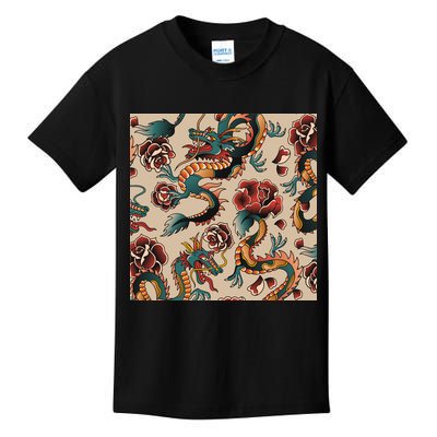 Dragon Tattoo Floral Pattern Kids T-Shirt