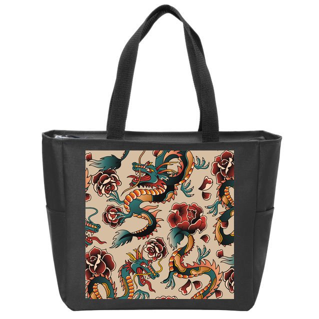 Dragon Tattoo Floral Pattern Zip Tote Bag