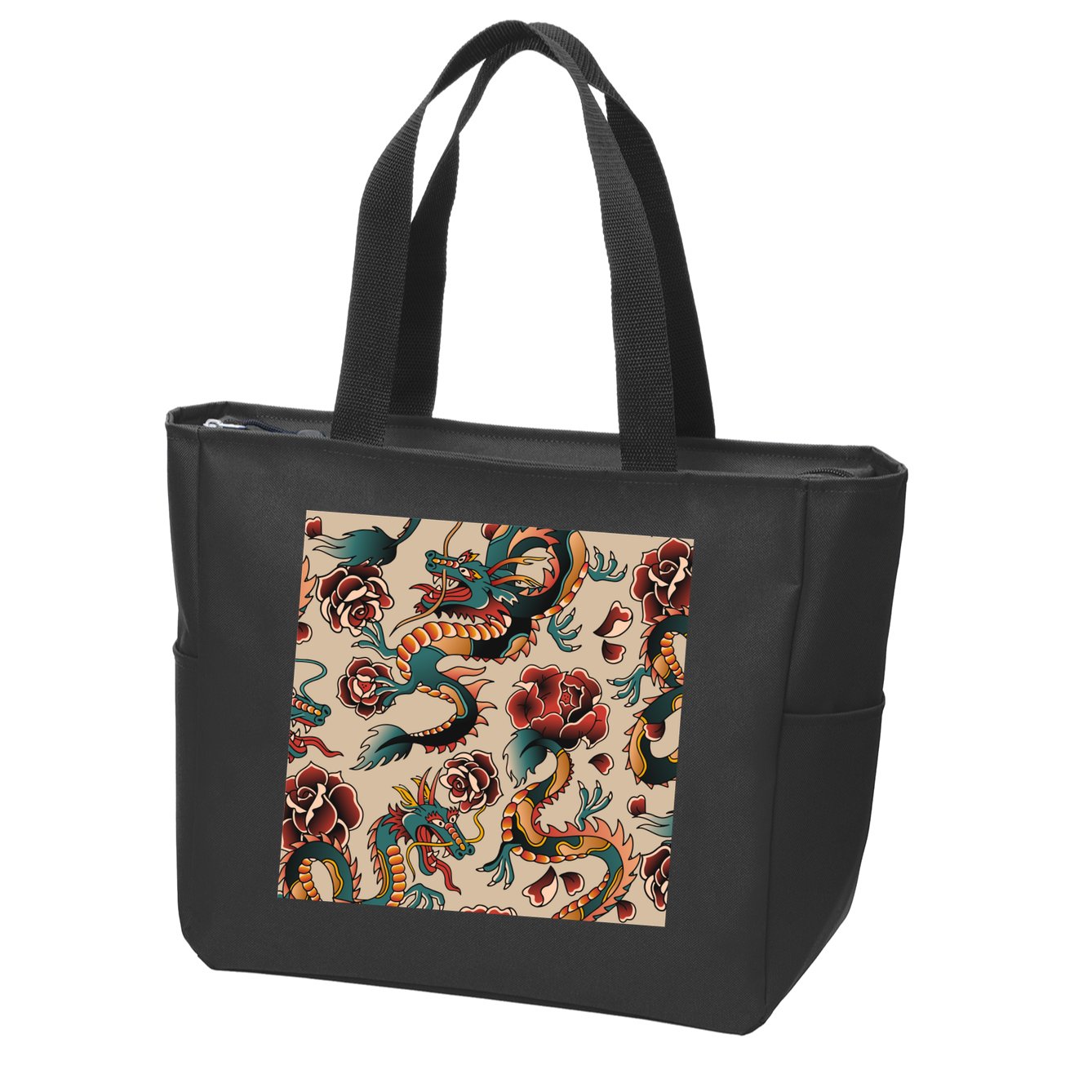 Dragon Tattoo Floral Pattern Zip Tote Bag